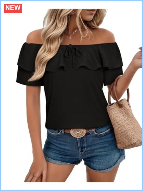 Tops - Off Shoulder Ruffle Sleeve Loose Chiffon Blouse Casual Dressy Top